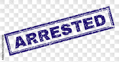 ARRESTED stamp seal print with rubber print style and double framed rectangle shape. Stamp is placed on a transparent background. Blue vector rubber print of ARRESTED label with retro texture.