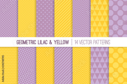 Geometric Lilac and Yellow Seamless Vector Patterns in Polka Dots, Chevron, Stripes, Triangles and Windmill. Tone on Tone Embossed Brocade Fabric Effect. Repeating Pattern Tile Swatches Included.