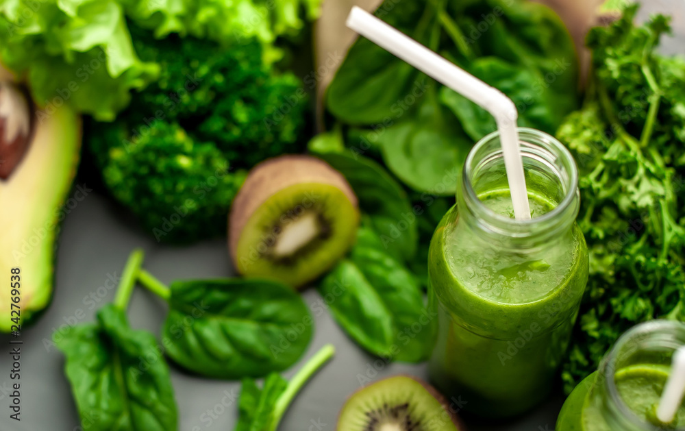 smoothie with vegetables, avocado, apple, kiwi . sports nutrition