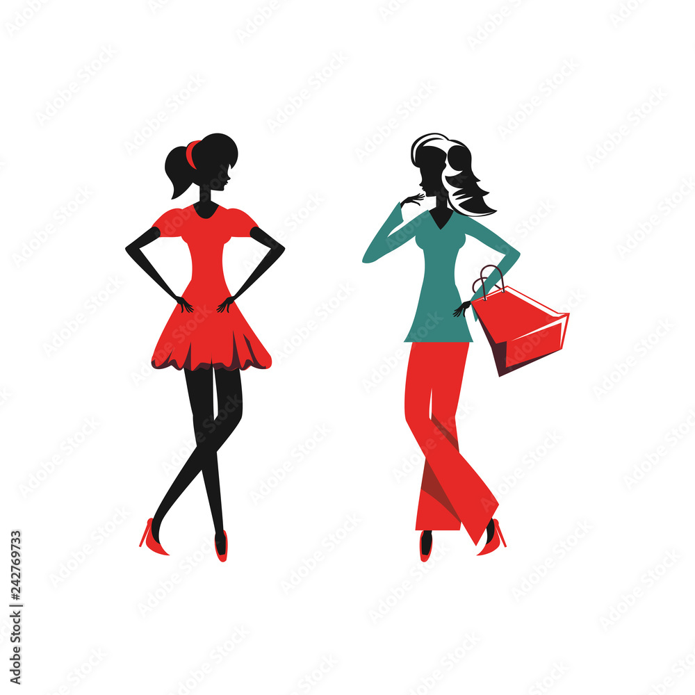 women silhouette retro style with shopping bags women silhouette retro style with shopping bags