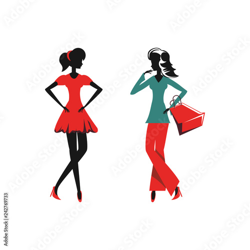 women silhouette retro style with shopping bags