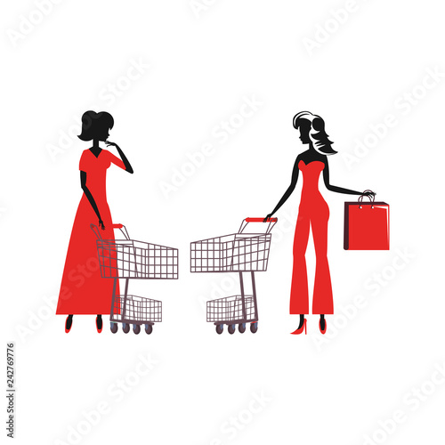 women silhouette with shopping bag and cart