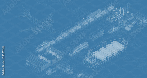 Blueprint design of vector image showing various types of delivery transport and logistics 