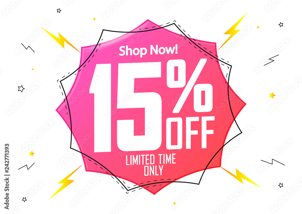 Sale 15% off, discount banner design template, flash offer, vector illustration