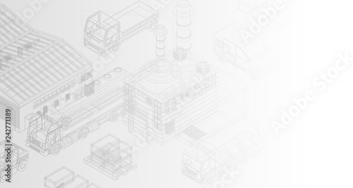 Creative isometric design of delivery system with trucks and warehouse on white background