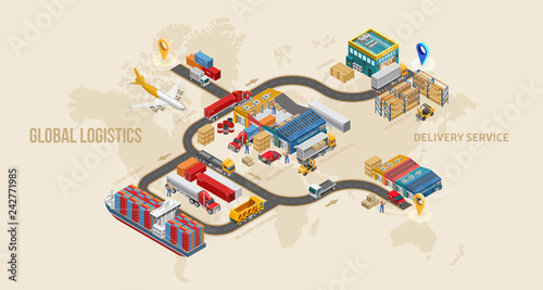 Graphic structure of land delivery service as part og global logistics on world map