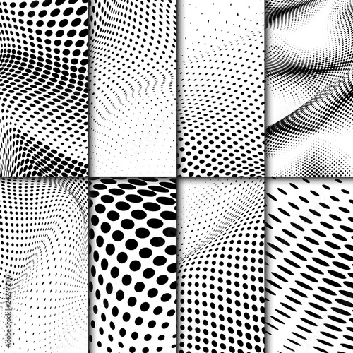 Black and white wavy halftone background vector set