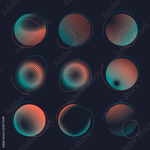 Green and orange halftone badge vector set