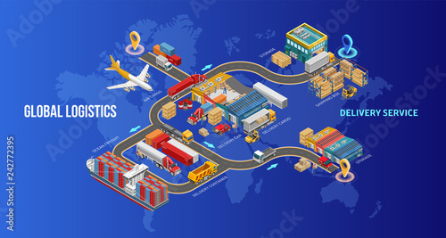Global logistics and delivery service inscriptions on sides of isometric chart of process of cargo transportation over world map