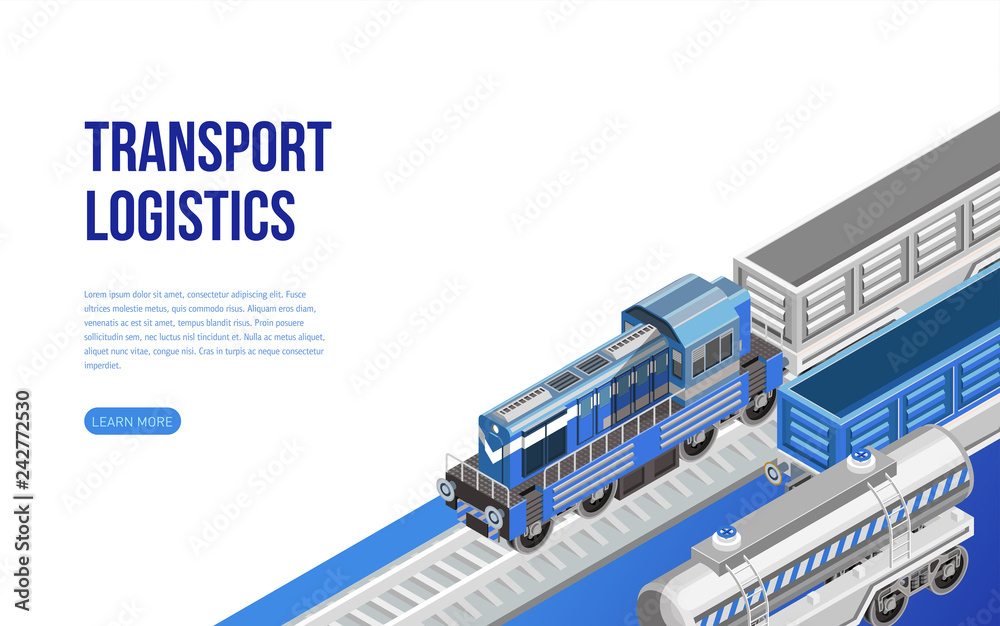 Isometric freight train and railway near transport logistics description for website page