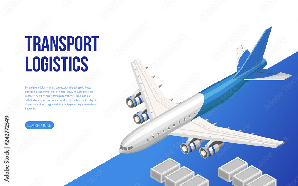 Contemporary web design in isometry of page presenting information about transport logistics with plane 