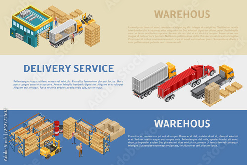 Isometric vector illustrations of work of storage facilities and delivery service depicted near descriptions