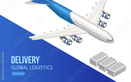 Isometric design of webpage with flying airplane showing information about delivery and global logistics