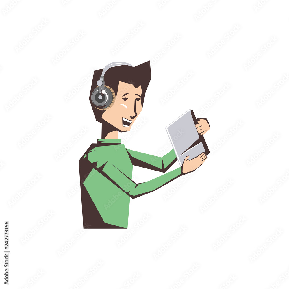 man with tablet device and headphone