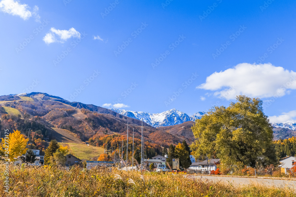 Beautiful landscape view of  Hakuba in the winter with snow on the mountain and blue sky background in Nagano Prefecture Japan.