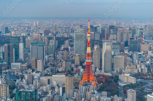 東京タワーと街並みの空撮