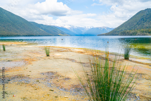 Lake Rotoroa view across dry waters edge photo