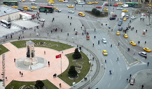 Taksim Square panoramic view and Republic Monument in Istanbul, Turkey. 