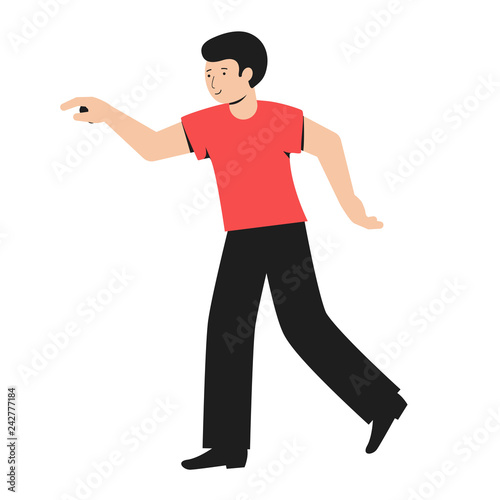 The man shows his finger. The man in the t-shirt is pointing at something