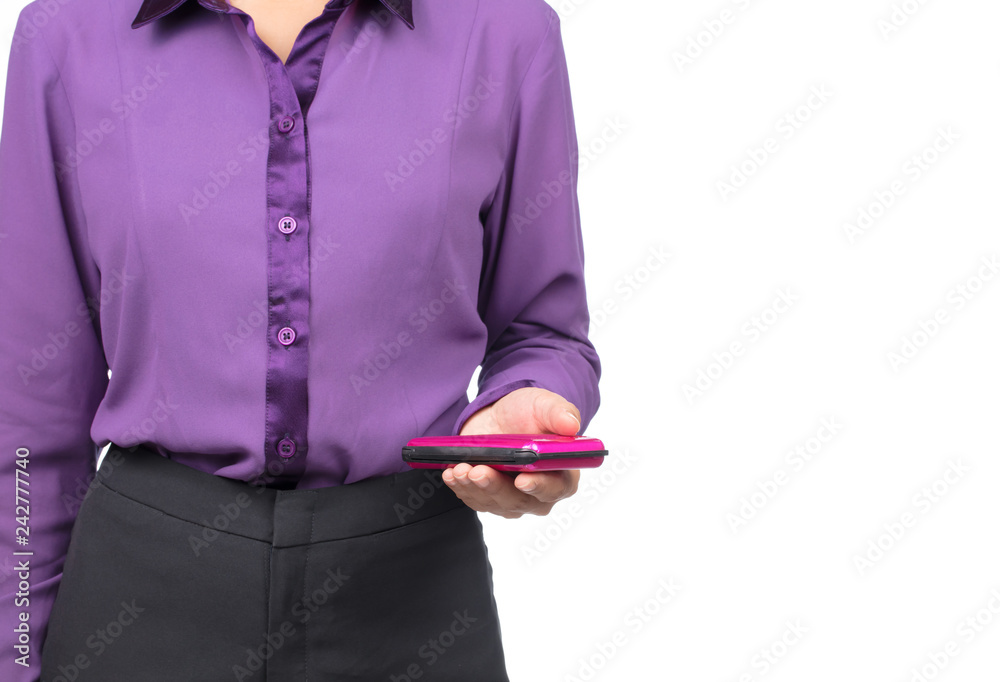 Φωτογραφία Beautiful woman in purple shirt holding Metal visiting-card box isolated on whit