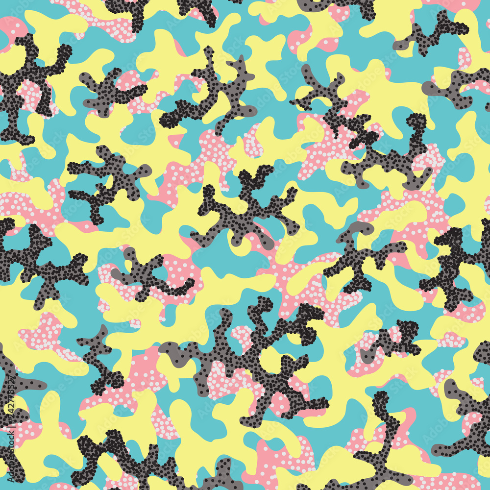 Obraz premium Abstract camouflage, fashion seamless pattern background. Cool camouflage military texture .Nature,floral illustration. Seamless pattern children fashion fabric cloth textile. Colorful modern. Vector.