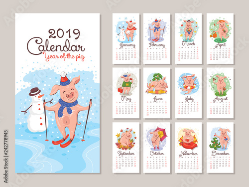 2019 year calendar with cartoon stylized pigs
