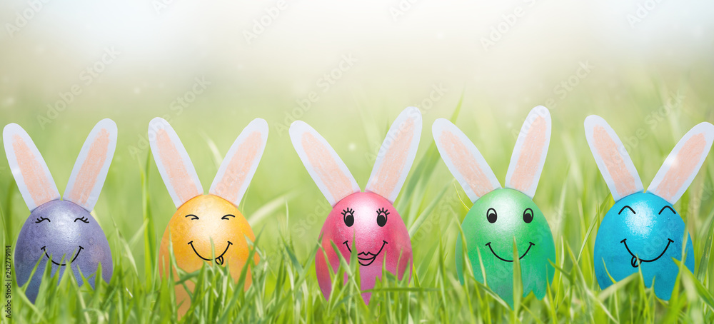 A row of Easter eggs with smiles in fresh green grass. A banner A row of Easter eggs with smiles in fresh green grass. A banner