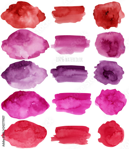 Watercolor stains and strokes collection, red and purple color elements