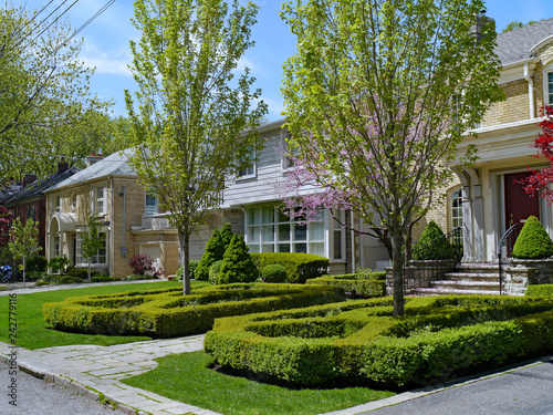 front yards on suburban street on a sunny spring day