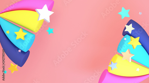 Cute stars and rainbows on coral background. 3d rendering picture.