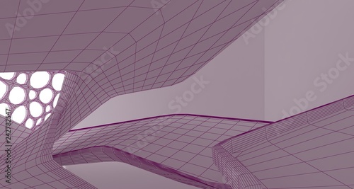 Abstract drawing white interior multilevel public space with window. 3D illustration and rendering.