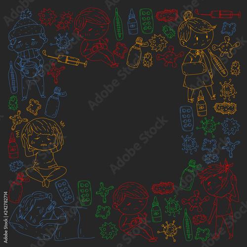 Children medical center. Healthcare illustration. Doodle icons with small kids  infection  fever  cold  virus  illness.