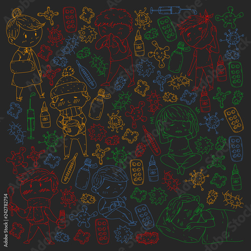 Children medical center. Healthcare illustration. Doodle icons with small kids  infection  fever  cold  virus  illness.