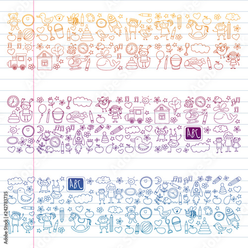 Vector doodle set with kindergarten children. Small kids play, learn, having fun together