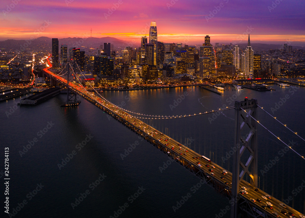 San Francisco City Skyline During Beautiful Colorful Sunset