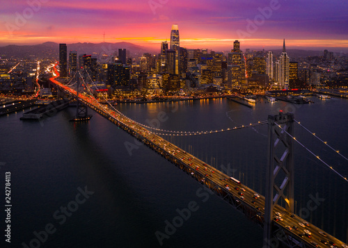 San Francisco City Skyline During Beautiful Colorful Sunset