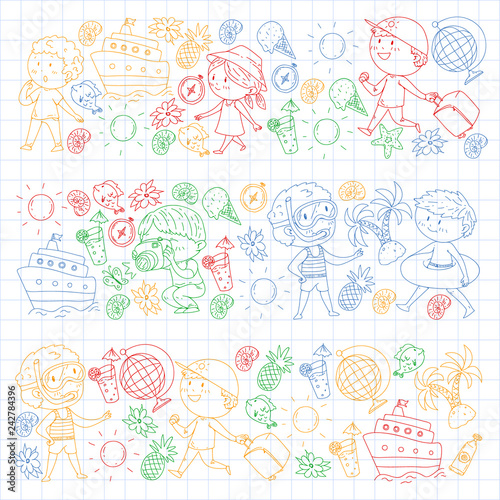Happy children playing at seashore, beach, sea, ocean. Kids vacation and travelling. Swimming, doodle icons globe, cruise ship, cocktails