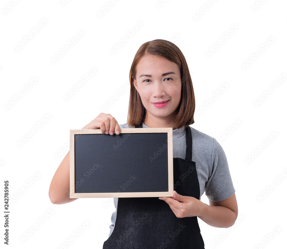 waitress, delivery woman or Servicewoman in Gray shirt and apron isolated on white background waitress, delivery woman or Servicewoman in Gray shirt and apron isolated on white background