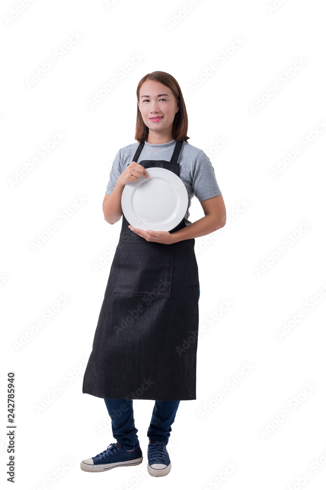 waitress, delivery woman or Servicewoman in Gray shirt and apron isolated on white background