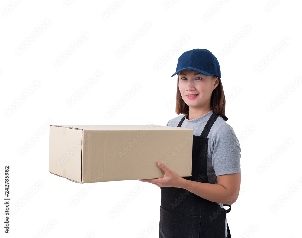 delivery woman in Gray shirt and apron is holding boxes isolated delivery woman in Gray shirt and apron is holding boxes isolated