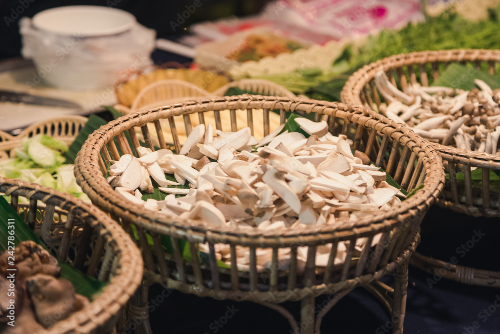 close up slice mushroom on basket prepare for make some soup of mushroom close up slice mushroom on basket prepare for make some soup of mushroom