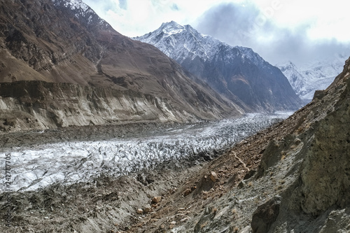 Hopar glacier or Hopper glacier is covered with rubble, boulders and mud, Nagar Valley. Gilgit Baltistan, Pakistan.