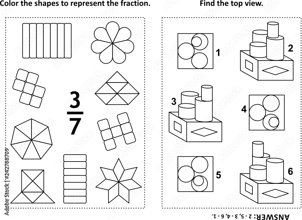 Two visual math puzzles and coloring pages. Color the shapes to