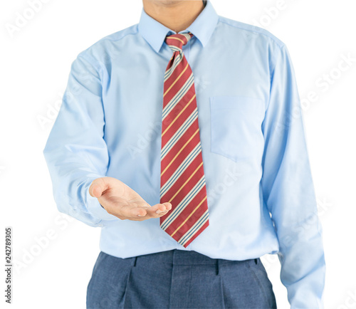 Male wearing blue shirt reaching hand out with clipping path