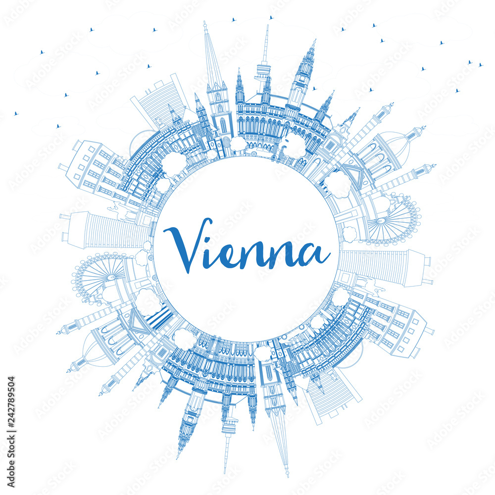 Fototapeta premium Zarys panoramę miasta Wiedeń Austria z niebieskimi budynkami i miejsca kopiowania.