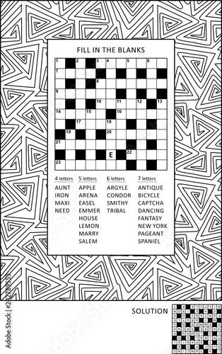 Puzzle and coloring activity page for grown-ups with criss-cross, or fill in, else kriss-kross word game (English) and wide decorative frame to color. Family friendly. Answer included.
 photo