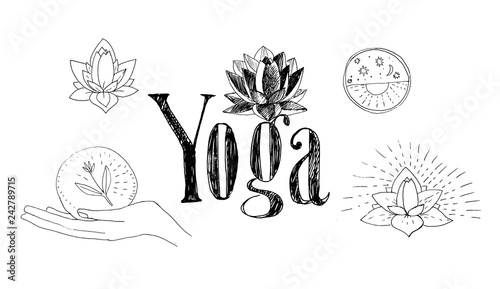 The lettering yoga and lotus flower.
