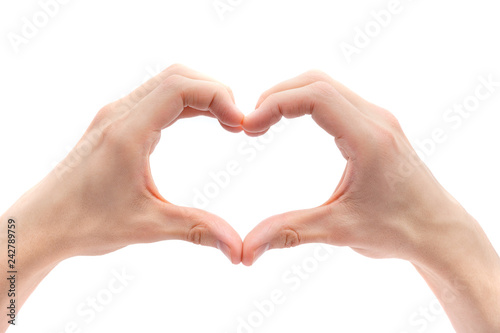 Male hands making a heart shape. Love and relationships concept.