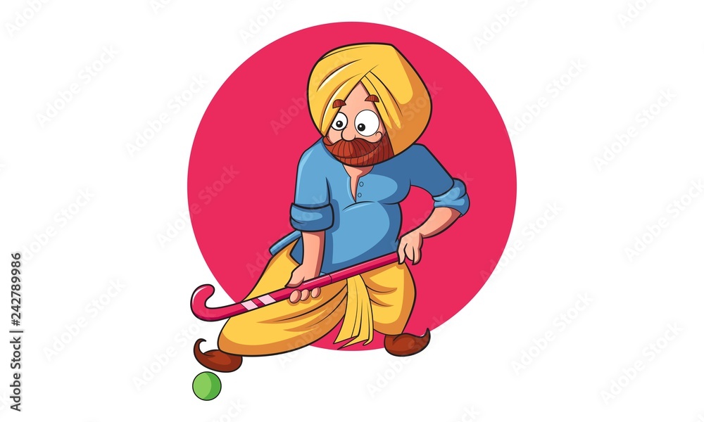 Vector cartoon illustration of punjabi man playing hockey. Isolated on  white background. Stock Vector | Adobe Stock