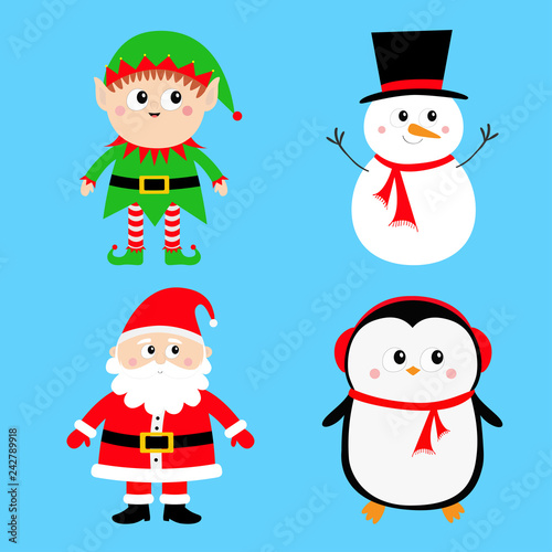 Santa Claus Elf Snowman Penguin set. Happy New Year. Merry Christmas. Red green black hat. Cute cartoon funny kawaii baby character. Greeting card. Flat design. Blue background.